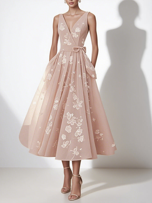 Pink V-neck Print Midi Dress