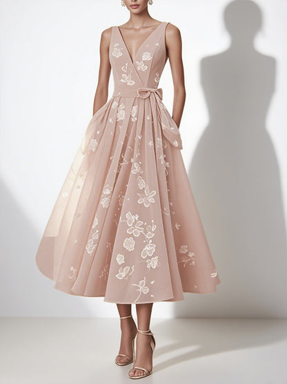 Pink V-neck Print Midi Dress