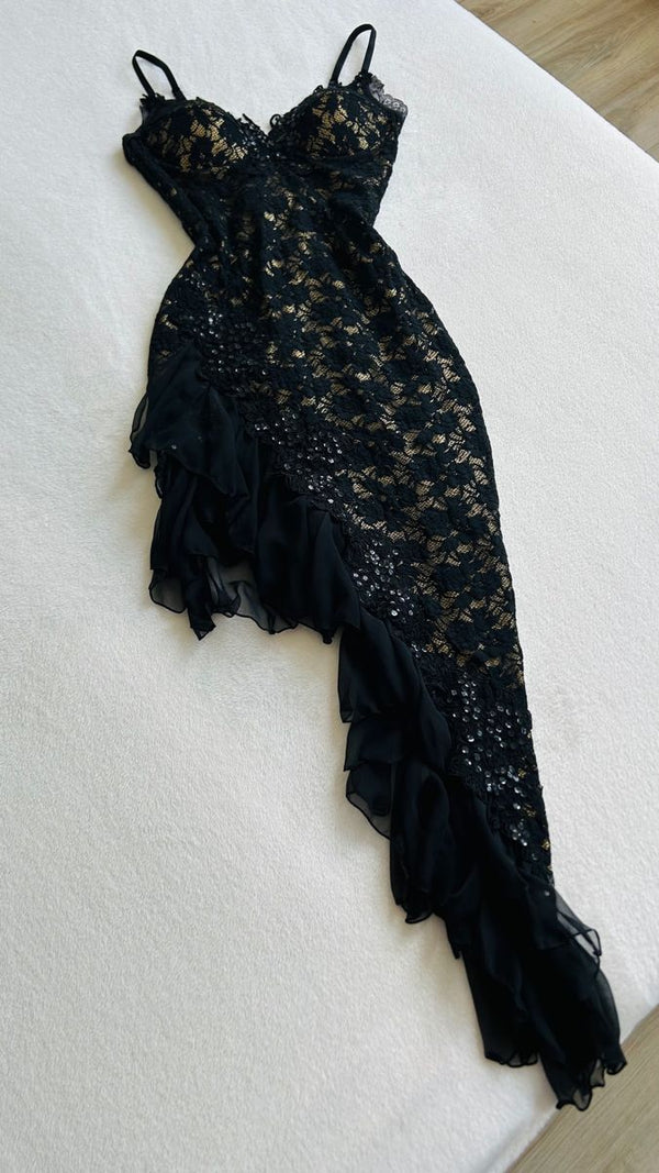 Black Fashion Exquisite Lace Long Ruffled Ball Gown Evening Dress Party Dress gh3283