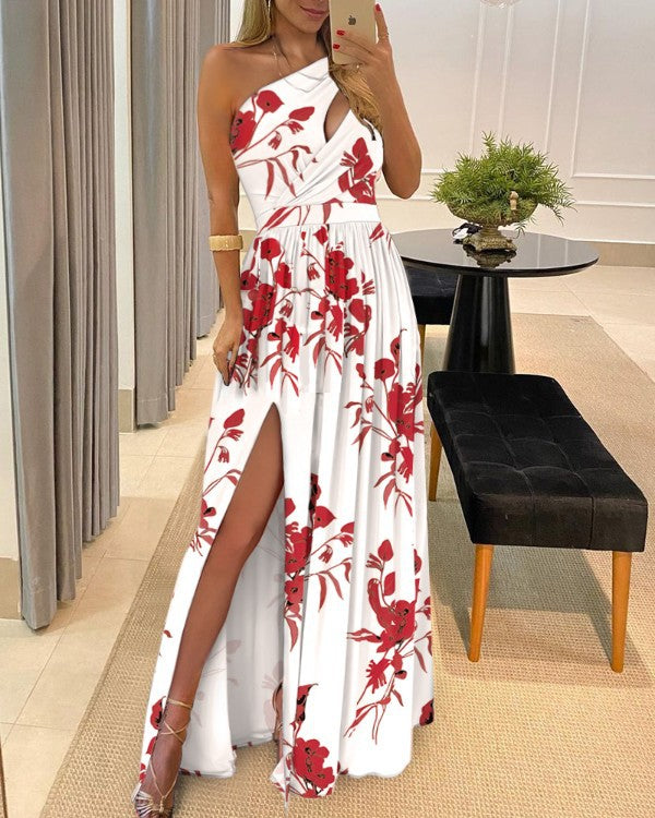 loveedsTM-One-shoulder cutout halterneck high-waisted slit maxi dress