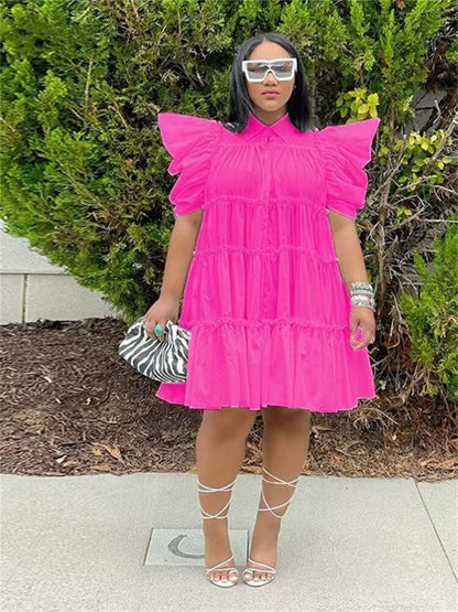 loveedsTM- Dresses for Women Solid Loose Pleated Puff Sleeve Casual Ball Gown Shirts Midi Dress S-2xl