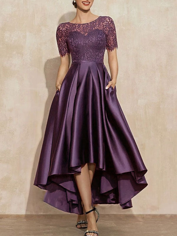 A-Line Scoop Neck Asymmetrical Satin Lace Mother of the Bride Dress With Pockets