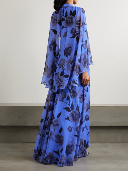 Pussy-bow Gathered Floral-print Silk-voile Gown