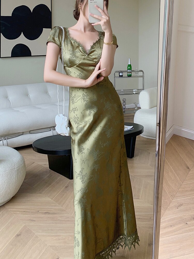 loveedsTM- Elegant Women Green Satin Backless Evening Dress Ladies Lace Bandage Vintage Jacquard Mixi Dresses Party Vestidos Summer Robe