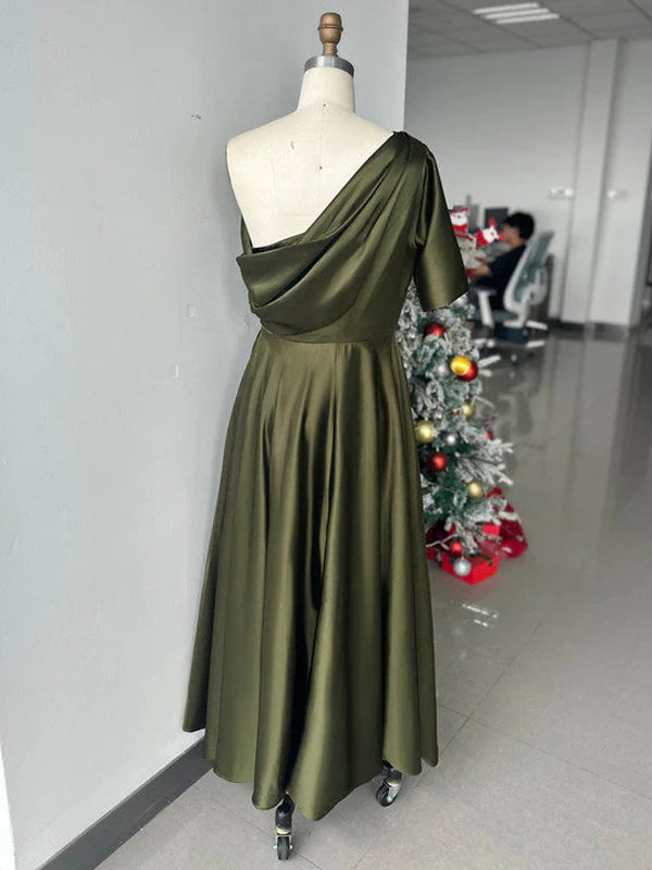A-Line/Princess One-shoulder Half Sleeve Ankle-Length Mother of the Bride Dresses with Ruffles