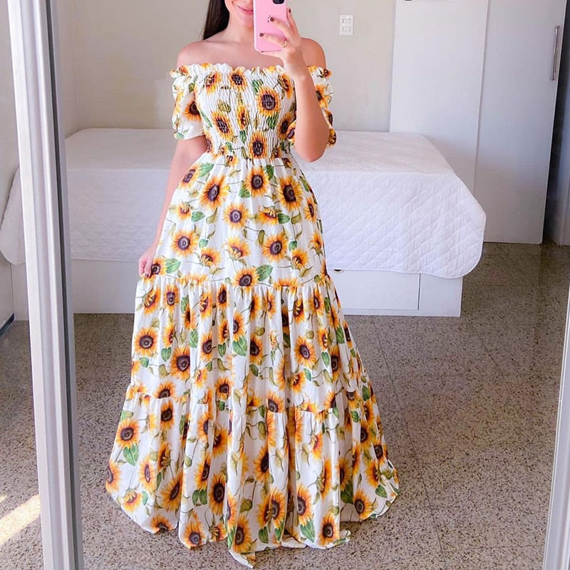 loveedsTM-Sexy Off The Shoulder Tube Top Dress Butterfly Rainbow Floral Print Dress Ladies Elegant Slim Summer Bohemian Party Maxi Dresses