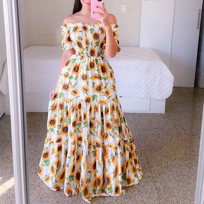 loveedsTM-Sexy Off The Shoulder Tube Top Dress Butterfly Rainbow Floral Print Dress Ladies Elegant Slim Summer Bohemian Party Maxi Dresses