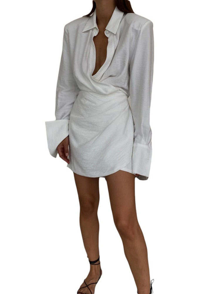 loveedsTM- Elegant Black Padded Shoulder Shirt Dresses for Women Long Sleeve Fashion Sexy Ruched Casual Evening Party Mini Dress White