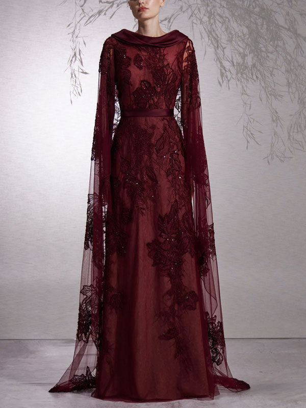 Fully Beaded Boat Neck Cape Dress