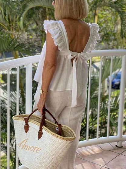 Ruffle Sleeves Simple Cotton Linen Vacation Ladies Sets