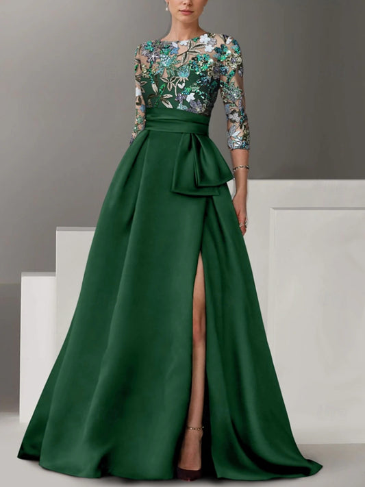 Shirt Collar Ribbon Bow Slit Embroidery Women's Dress