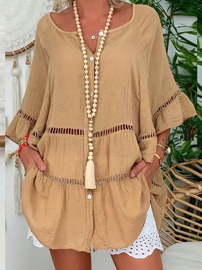 loveedsTM- Women Hollow Out Cotton Linen Mini Top Dress 2024 Summer V Neck Flared Sleeve Loose Irregular Dress Woman Casual Beach Dresses