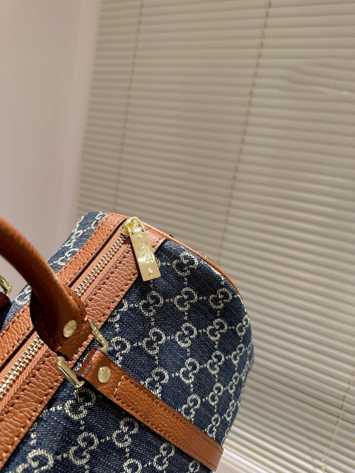 Gucci 247205 Blue Vintage Web Gg Denim Boston Bag