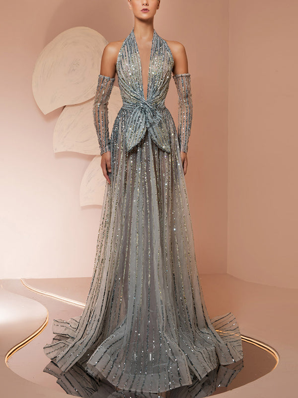 Halter Neck Sequin Solid Color Maxi Dress