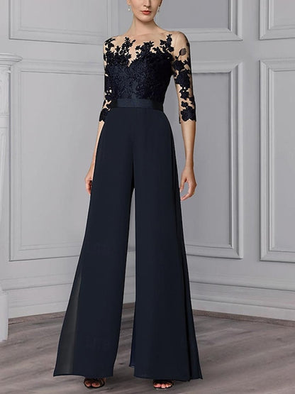 Round Neck Solid Color Lace Jumpsuit