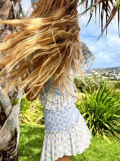 loveedsTM-Blue floral print dress women smocked sexy women party dress ruffled sleeve summer dress women sweat ladies dress