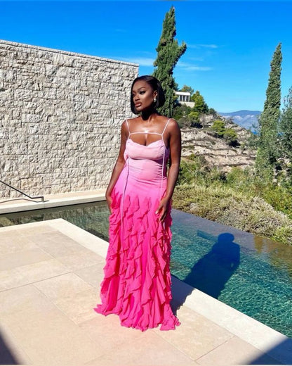 Pink/Orange/Green Gradient Spaghetti Straps Fashion Elegant Long Ruffle Chiffon Ball Gown Evening Dress Party Dress gh3252