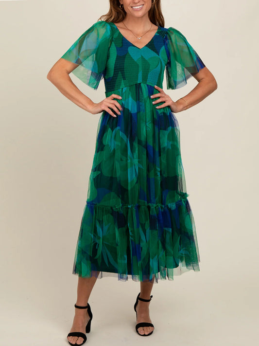 Leaf Print Mesh Smocked Midi Dress