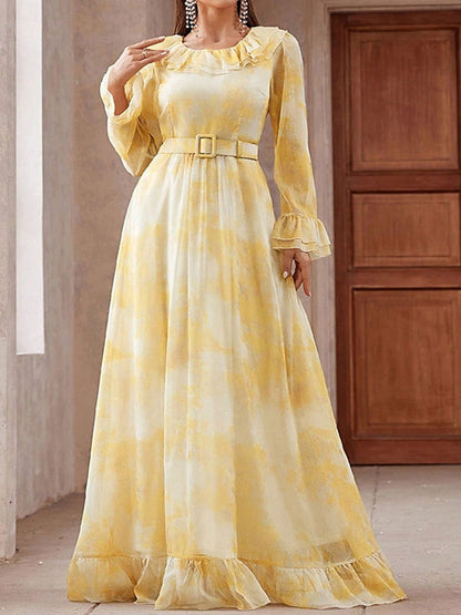 Elegant Mesh Print Belted Women's Dress