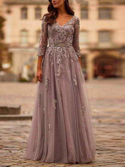 Pink V-neck Lace Mesh Maxi Dress
