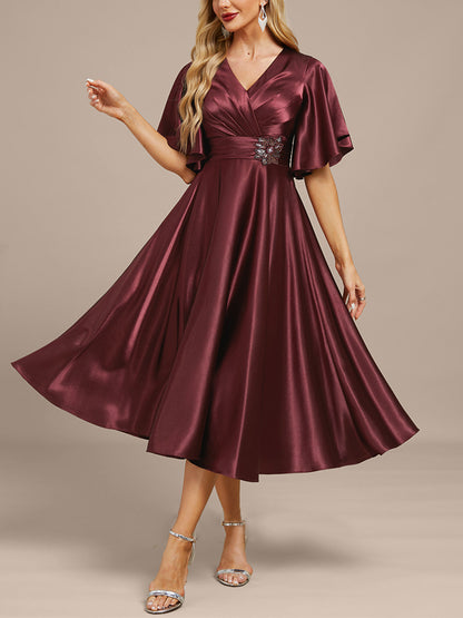 V-neck Satin Solid Color Midi Dress