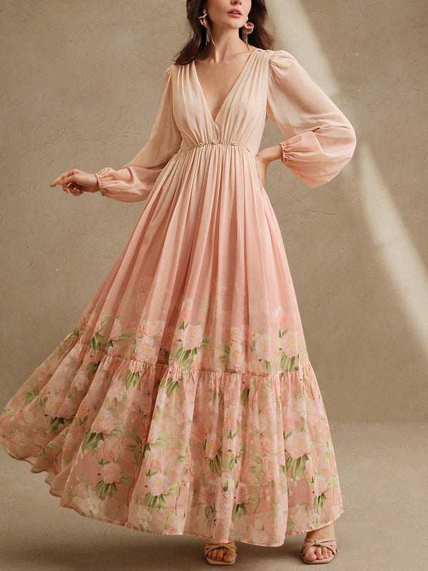 V Neck Chiffon Print Holiday Dress