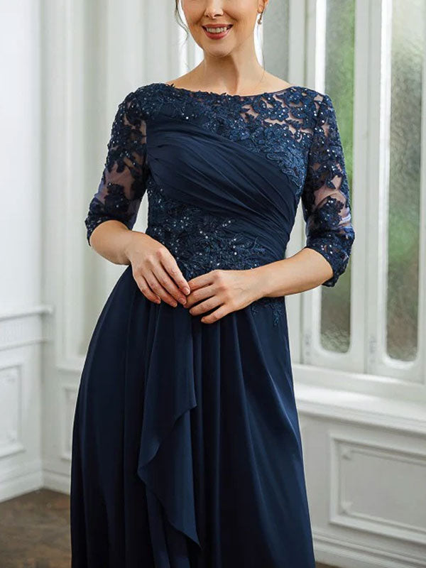 Applique Bateau 3/4 Sleeves Floor-Length Women's Dress