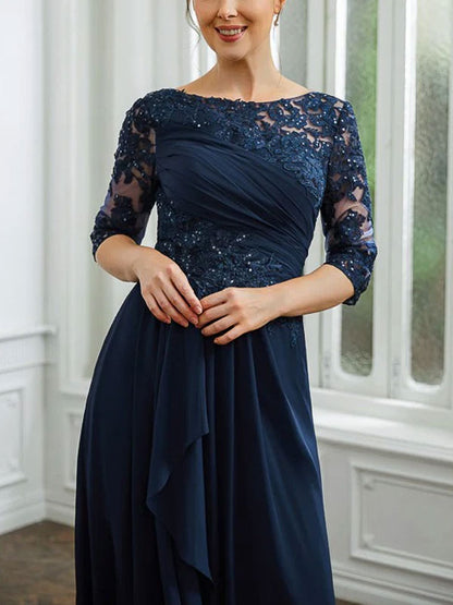 Applique Bateau 3/4 Sleeves Floor-Length Women's Dress