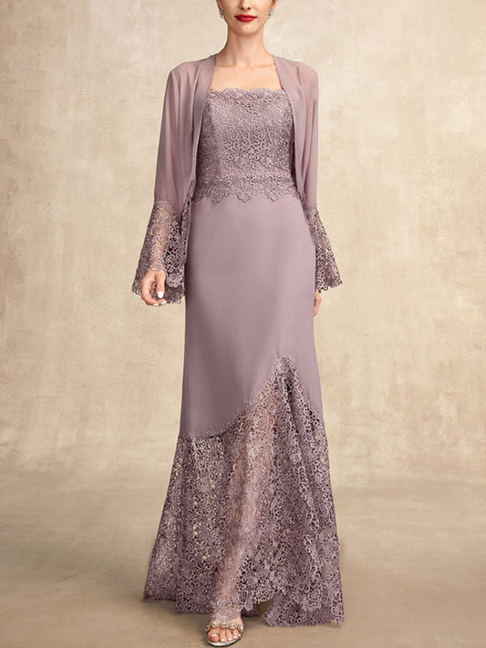 Trumpet/Mermaid Square Neckline Asymmetrical Chiffon Lace Mother of the Bride Dress