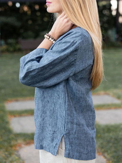 Pullover Solid Color Cotton and Linen Ladies Shirt
