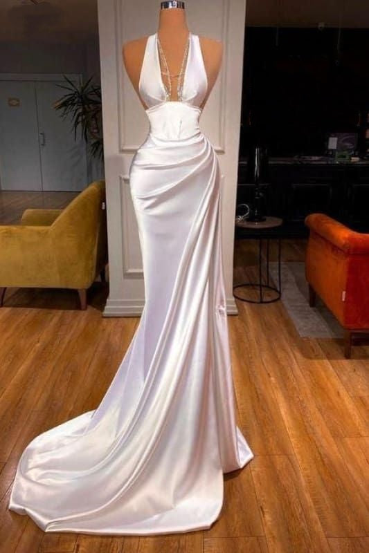 White Elegant Long Satin Ball Gown Evening Dress Party Dress gh5033