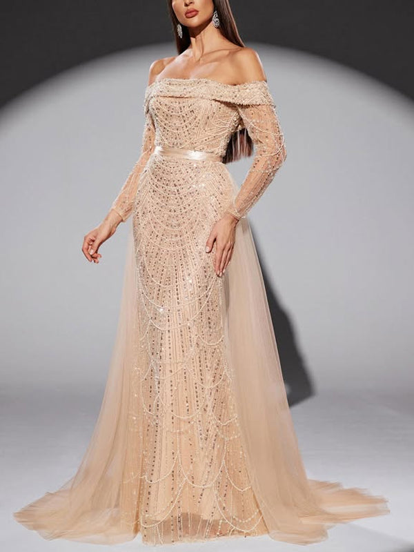 Off-the-shoulder Sequined Mesh Maxi Dress
