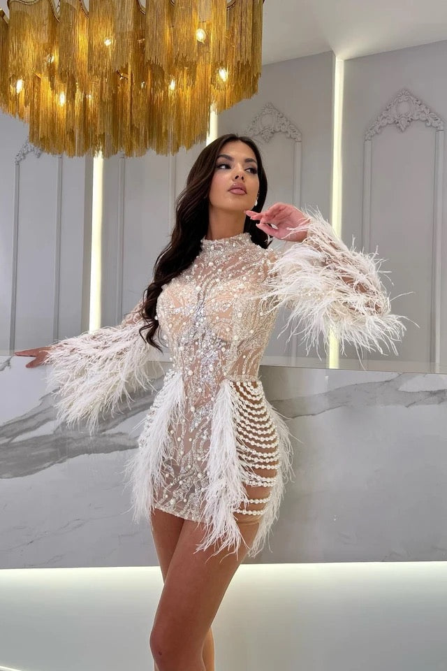 loveedsTM-New short pearl feather mesh dress-vx