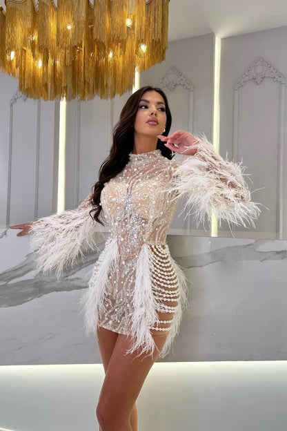 loveedsTM-New short pearl feather mesh dress-vx