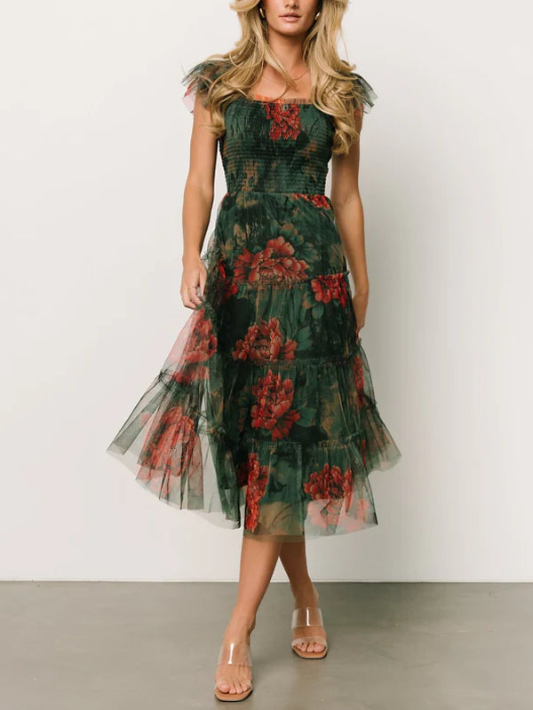 Slim Fit Simple Printed Mesh Maxi Dress