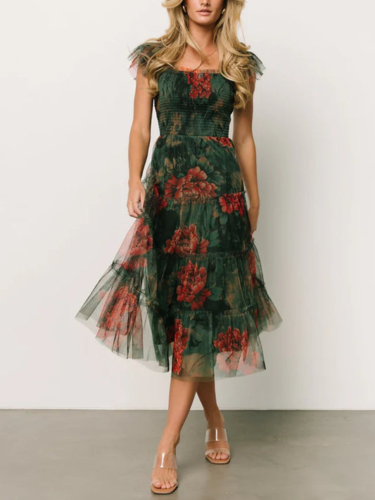 Slim Fit Simple Printed Mesh Maxi Dress