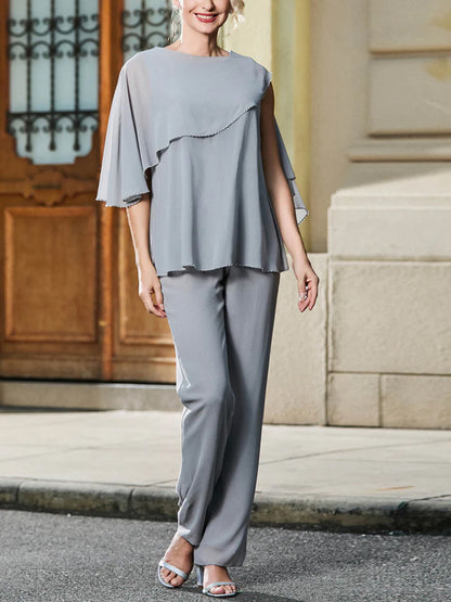 Round Neck Solid Color Top And Trousers Three-piece Suit