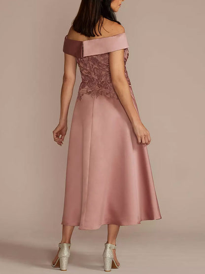 Off-the-shoulder Embroidered Satin A-line Dress