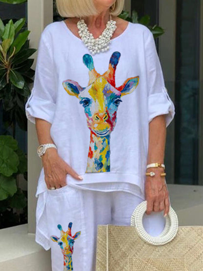 Rainbow Deer Print Top and Pants Suit