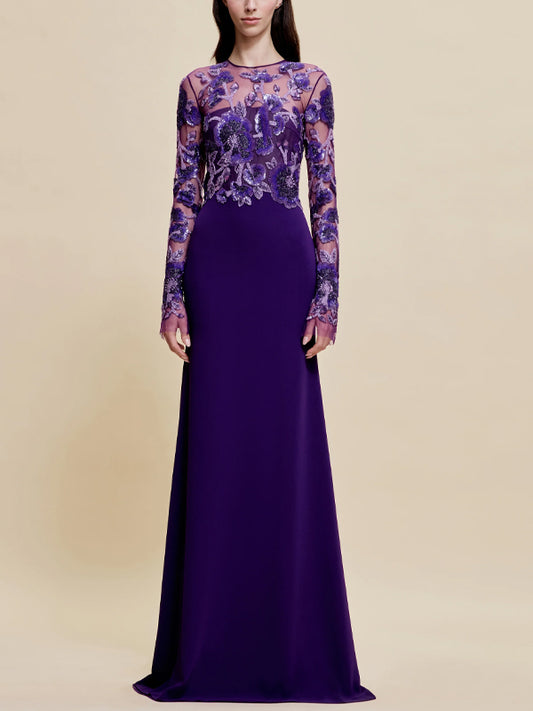 Round Neck Mesh Sequin Solid Color Maxi Dress