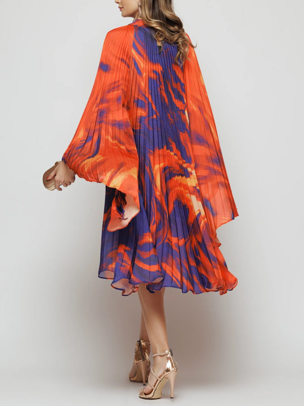 Pleated Elegant Chiffon Color Matching Ladies Dress