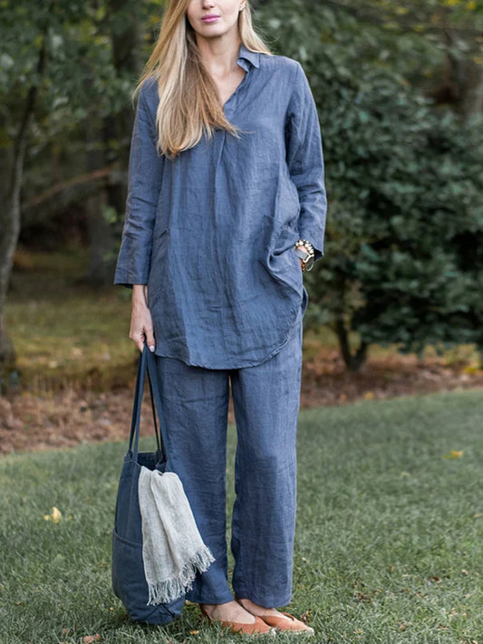 Lapel Solid Color Cotton And Linen Top And Trousers Suit