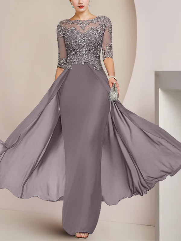 Crewneck Floor-Length Chiffon Lace Maxi Dress