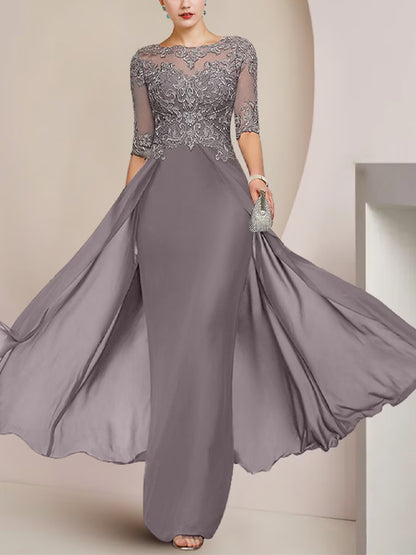 Crewneck Floor-Length Chiffon Lace Maxi Dress