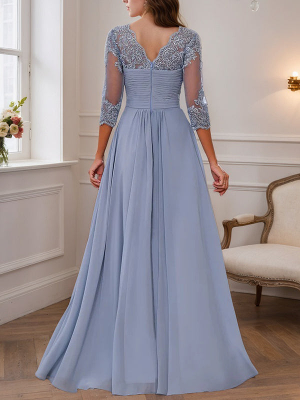 A-Line/Princess Sweetheart Neck 3/4 Length Sleeves Floor-Length Mother Of The Bride Dresses With Lace, Ruffles & Appliques