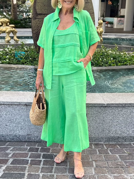 Temperament Cotton Linen Shirt Short Sleeve Wide Leg Pants Women's Sets