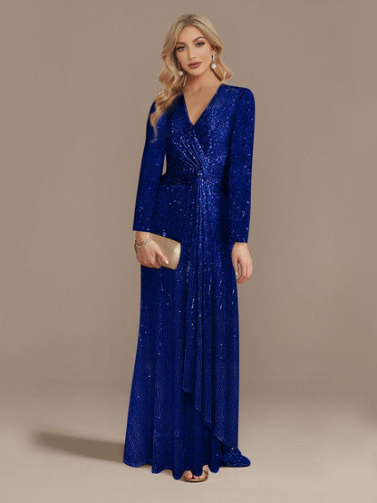 loveedsTM- Luxury Long Sleeve V-Neck Evening Dress Party Women Wedding Sequins For Female Guests Blue Prom Cocktail Dresses
