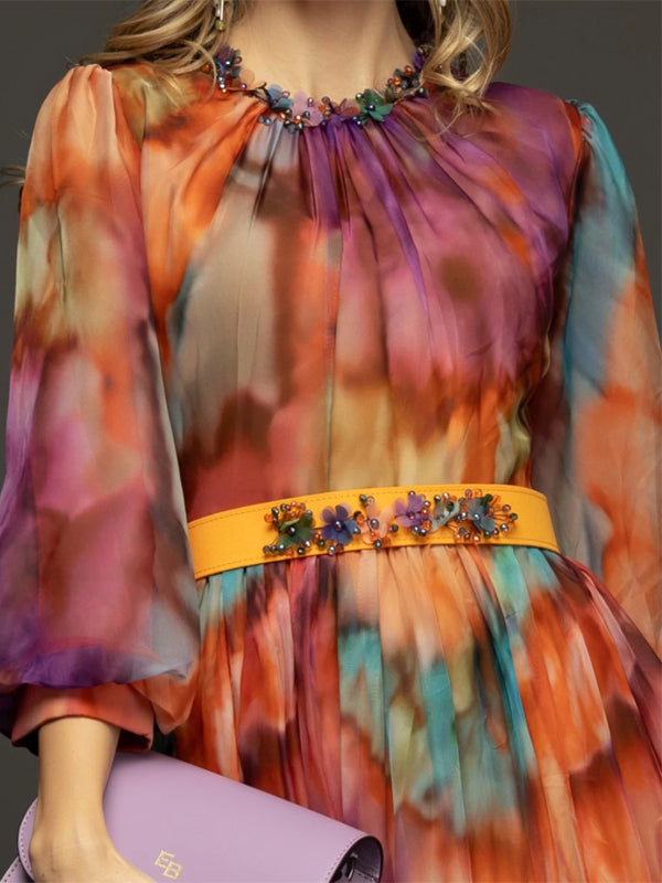 Crew Neck Printed Chiffon Midi Dress