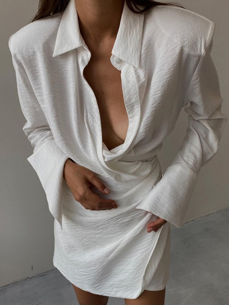 loveedsTM- Elegant Black Padded Shoulder Shirt Dresses for Women Long Sleeve Fashion Sexy Ruched Casual Evening Party Mini Dress White