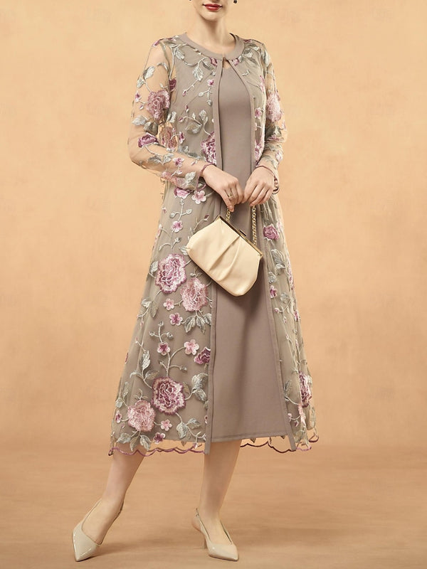 Elegant retro simple V-neck knee-length sleeveless Long Sleeve with Embroidered Lace Jacket